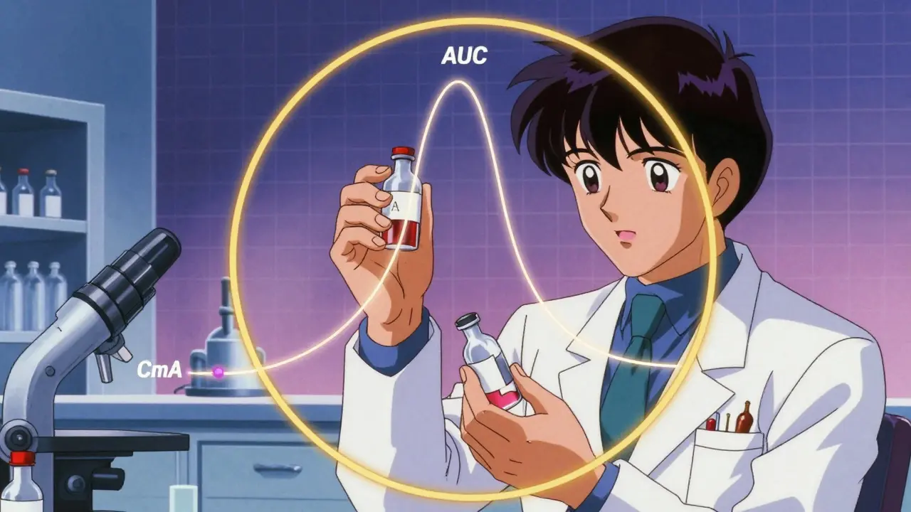 二つの薬の血中濃度曲線が金色の範囲内で重なる