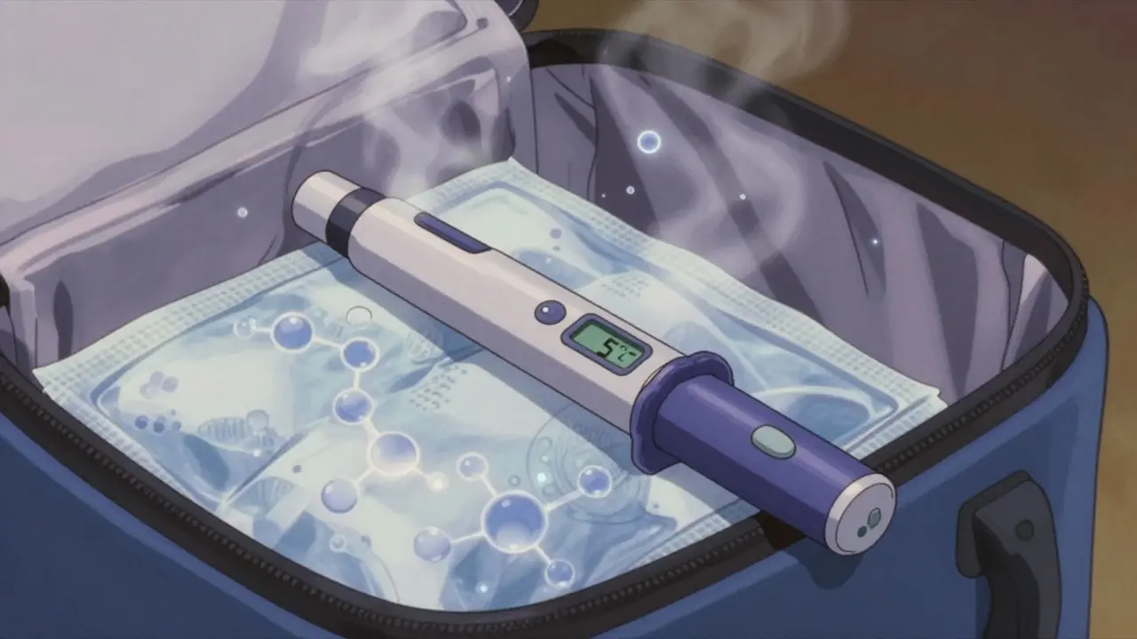 インスリンペンが専用保冷バッグで適温を保ち、冷却パックと分離されている様子。