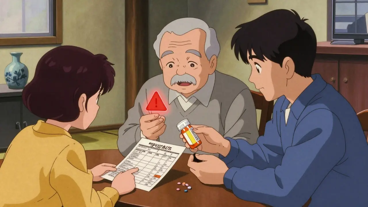 家族が薬の内容を確認しながら話す温かい場面。