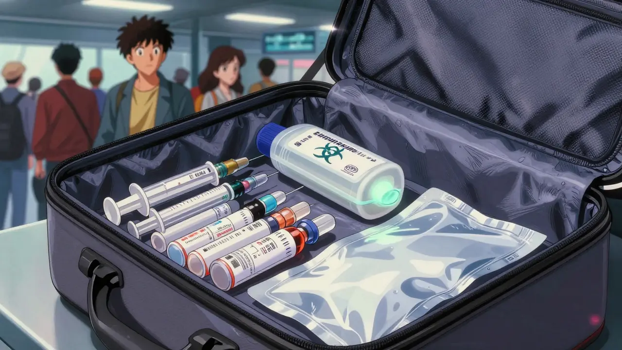 キャリーケースの中にある医療用品：注射器、薬瓶、使い終わった針容器、冷却パック。
