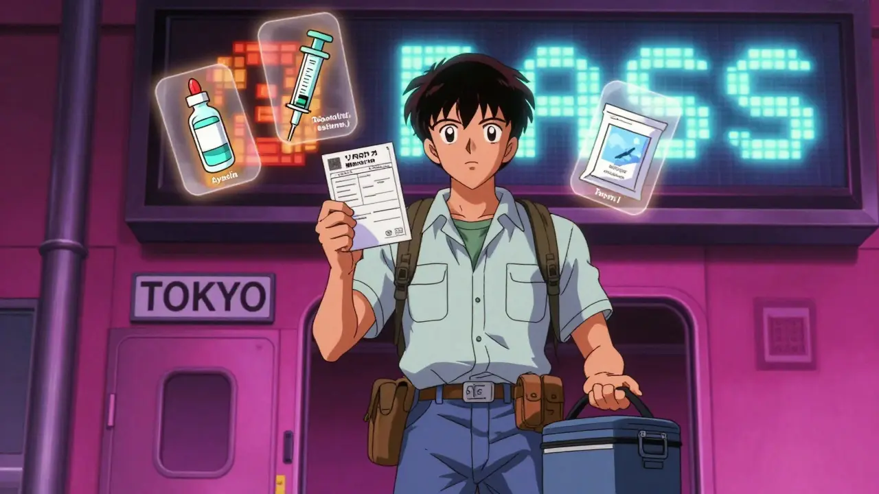 旅行者が医療通知カードと保冷バッグを持って飛行機搭乗口に向かっている様子。