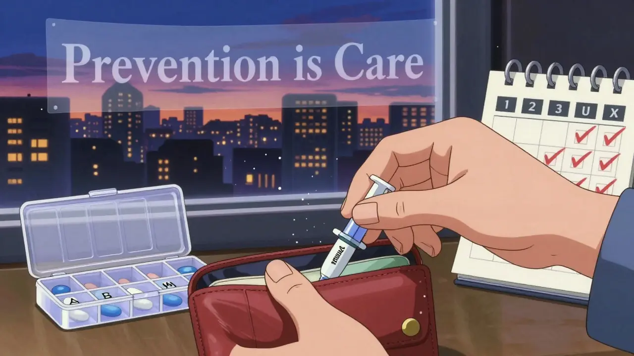 ナロキソンの注射器と服薬手帳が入った財布のアップショット。背景には「予防はケア」という文字。