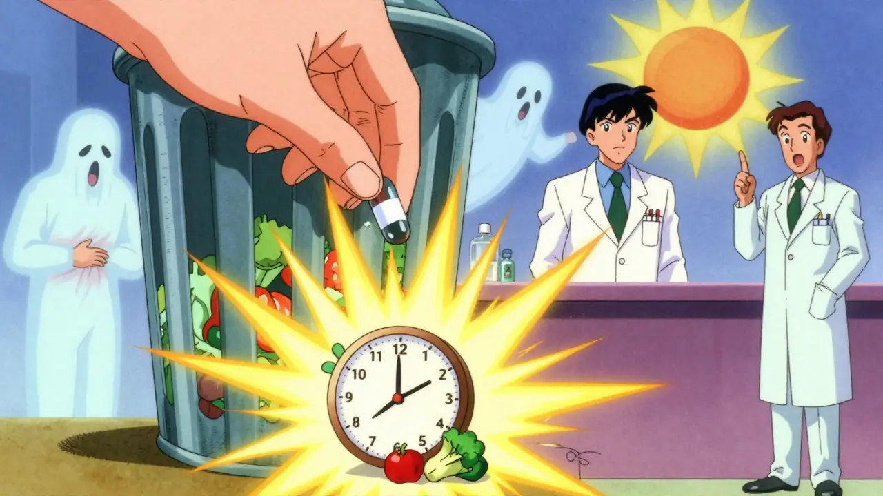 PPIの薬を捨てる手と、生活習慣の改善が光で表現される遷移シーン。