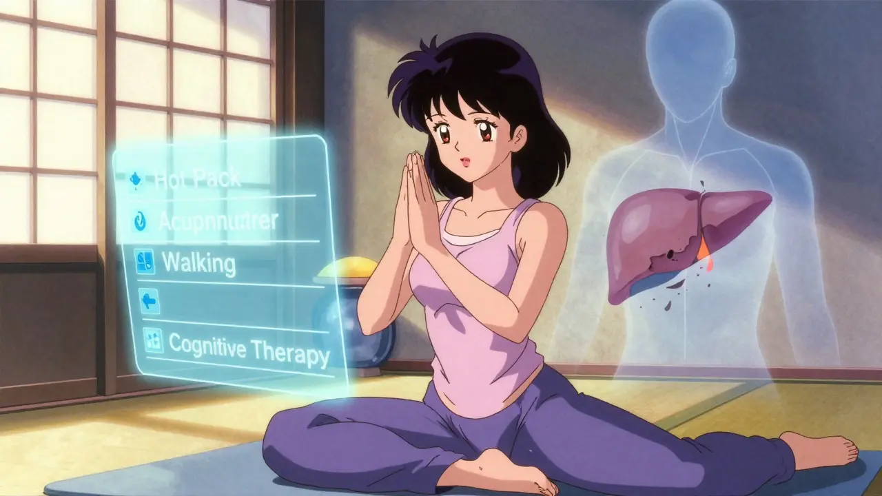 清晨的女性进行温和伸展，替代疗法的光之文字浮现，受损肝脏逐渐消散。