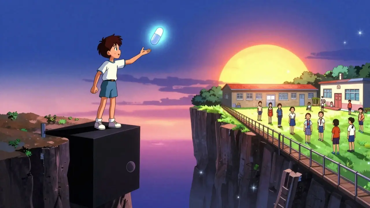 少年が薬と治療の橋の間で選択を迫られる象徴的なシーン。黒い箱と朝日が対照的。