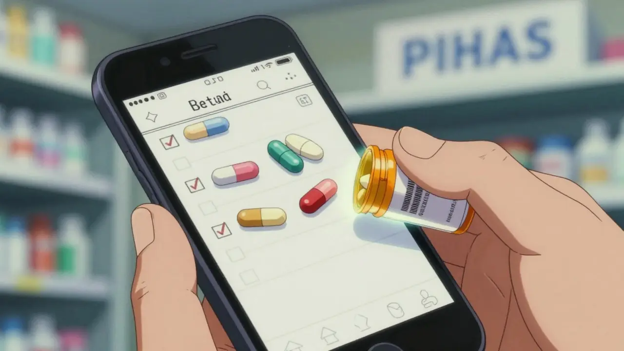 スマートフォンに撮った薬の写真とチェックリストを比較する手。