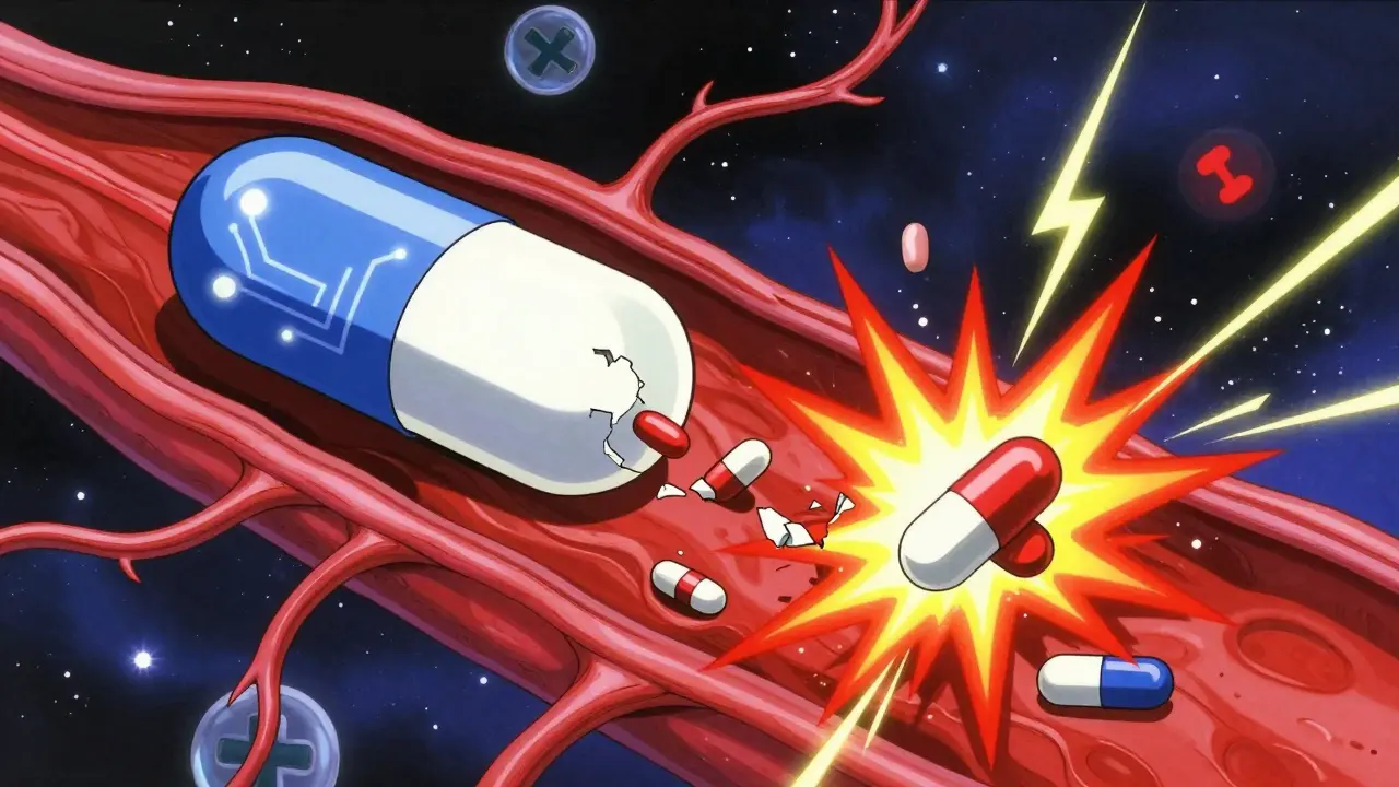 体内で持続放出型薬がゆっくり放出され、即効型が爆発的に作用する様子。