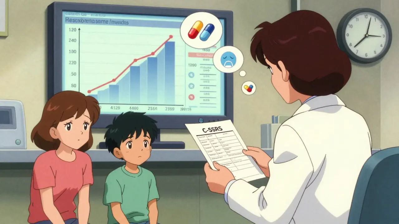 小児精神科医と母親、息子が診察室で問診票をめくる場面。背景に統計グラフが浮かぶ。