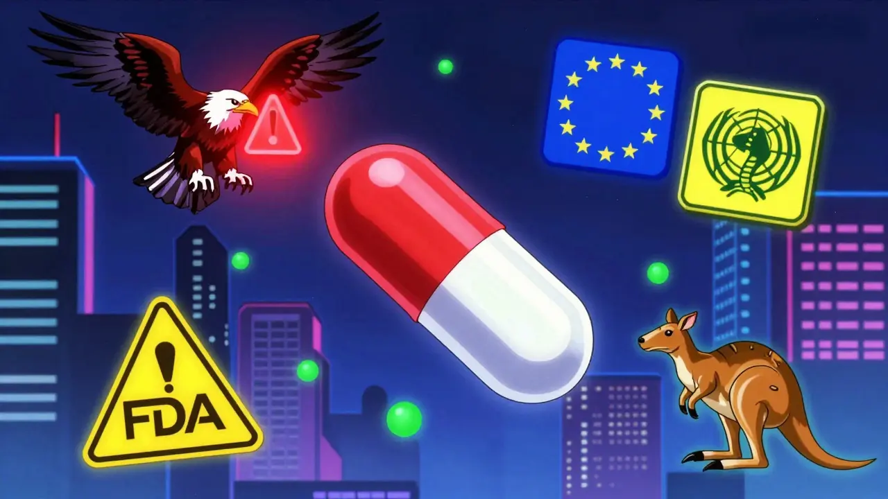 薬の周囲にFDA鷲、EU星、WHO蛇、TGAカンガルーの警告シンボルが浮かぶ。