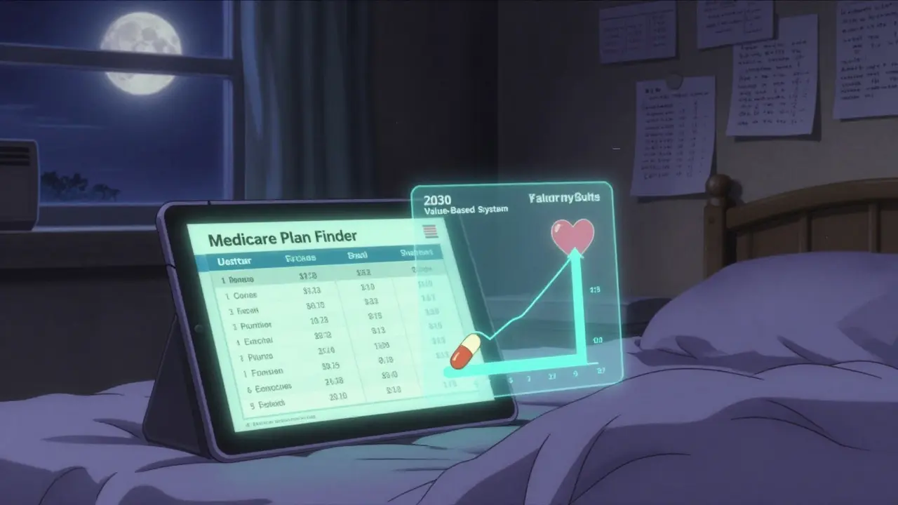 夜の部屋で薬のコスト比較を確認する患者、未来の価値基準システムが浮かぶ