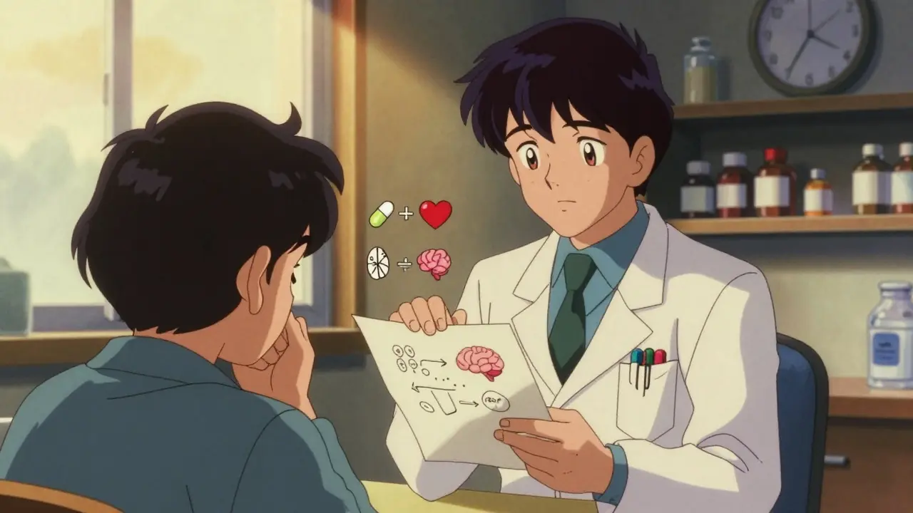 医師が手書きの図で薬の代替品を優しく説明する様子、患者はうなずきながら安心している。