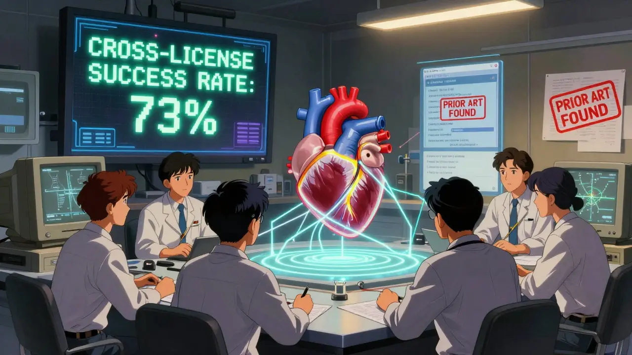 80年代アニメ風の特許分析室：心臓カテーテルと診断ソフトの特許請求項が光でつながる様子。