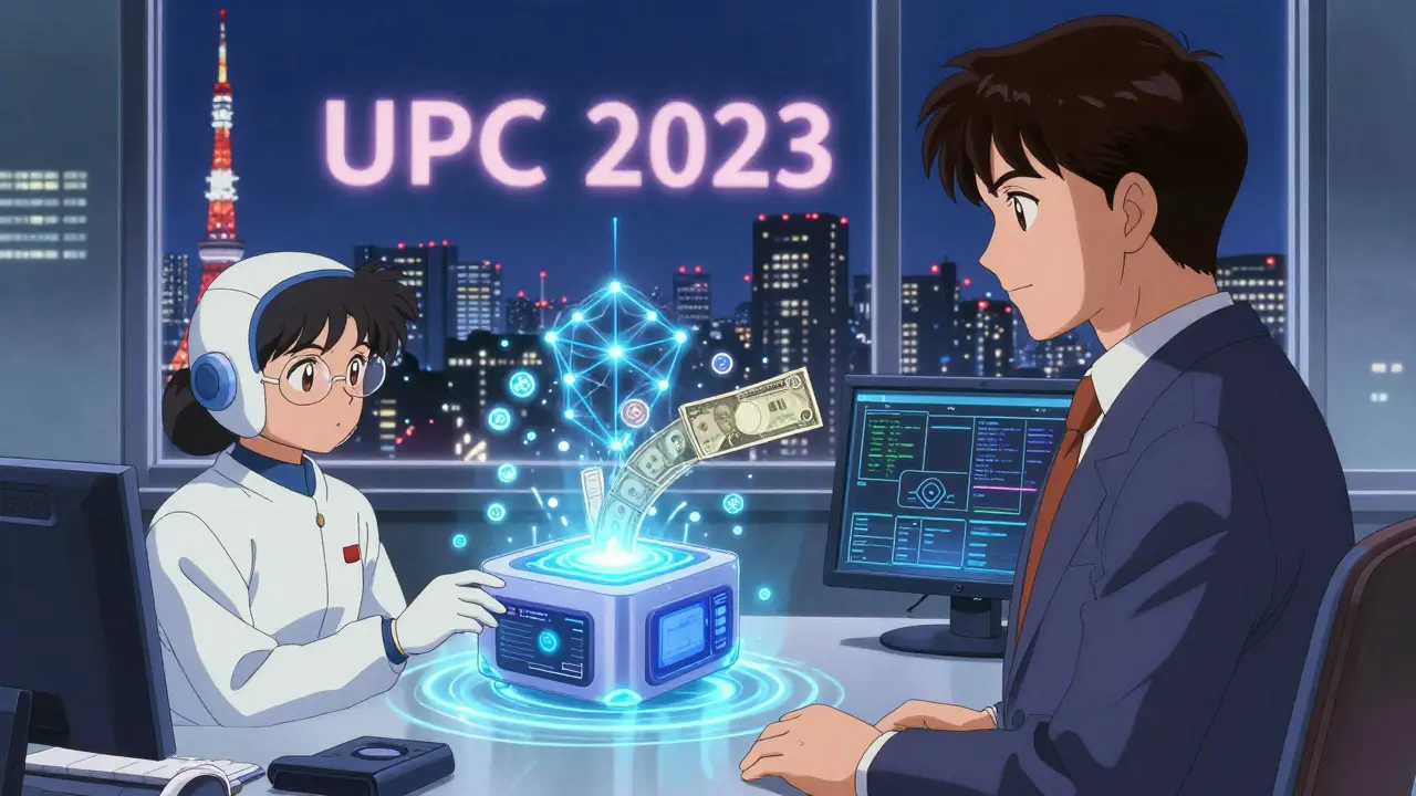 80年代アニメ風のスマート契約：医療機器販売で自動支払いがブロックチェーンで実行される様子。