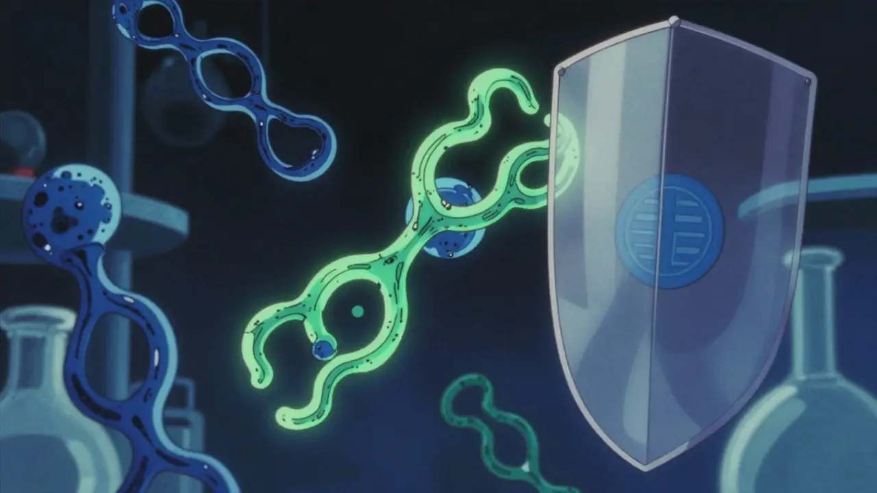 安全な分子構造を守るシールドのイラスト