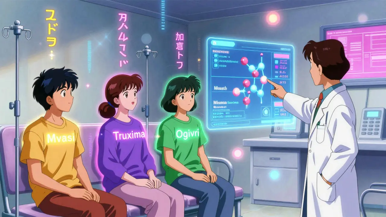 病室で3種類のバイオシミラーを受けている患者と、医師が分子の比較データを示している様子。