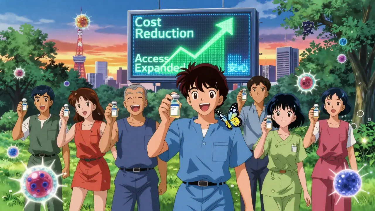 複数の患者がバイオシミラーを手にし、免疫細胞と分子の蝶が優雅に舞う安心の風景。