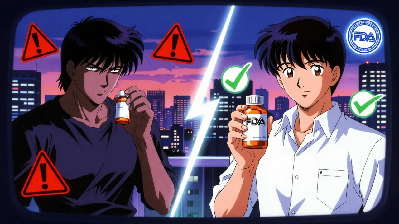 ジェネリック薬への不安と信頼の二つの姿を対比したアニメ風コマ割りイラスト。