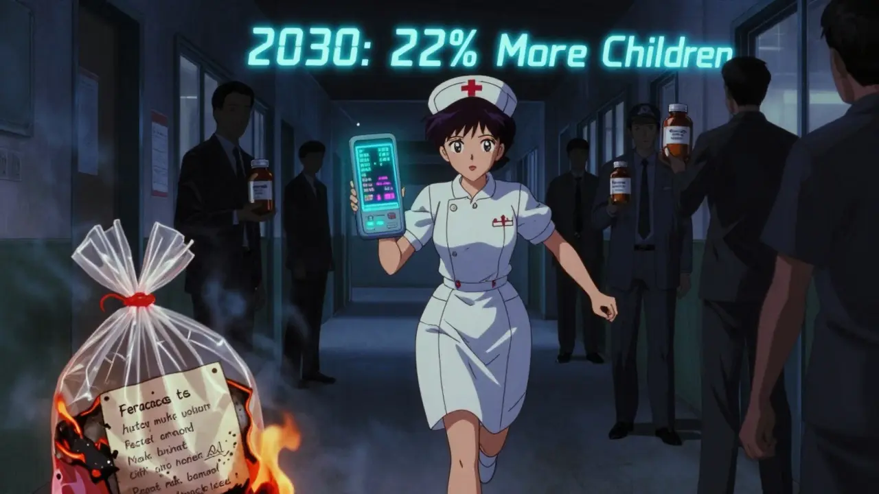 看護師がスマートスキャンデバイスで薬の投与を確認しながら、古くて不適切な容器が燃えるシーン。