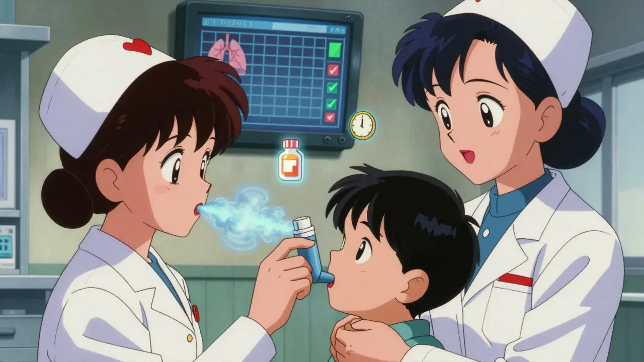 看護師と教師が喘息の児童に吸入薬を正しく投与している様子。薬の効果が青い光の霧で表現されている。