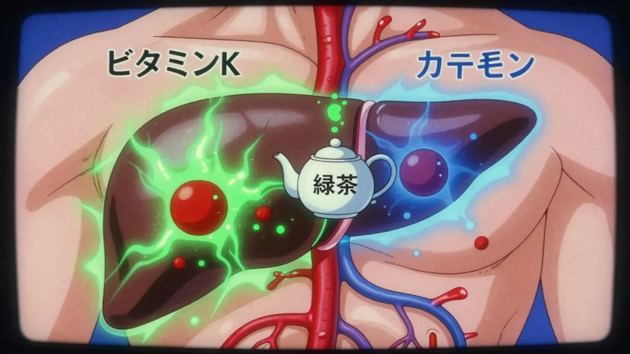 緑茶に含まれるビタミンKとカテキンの相反する作用が体内でバランスを取る様子。