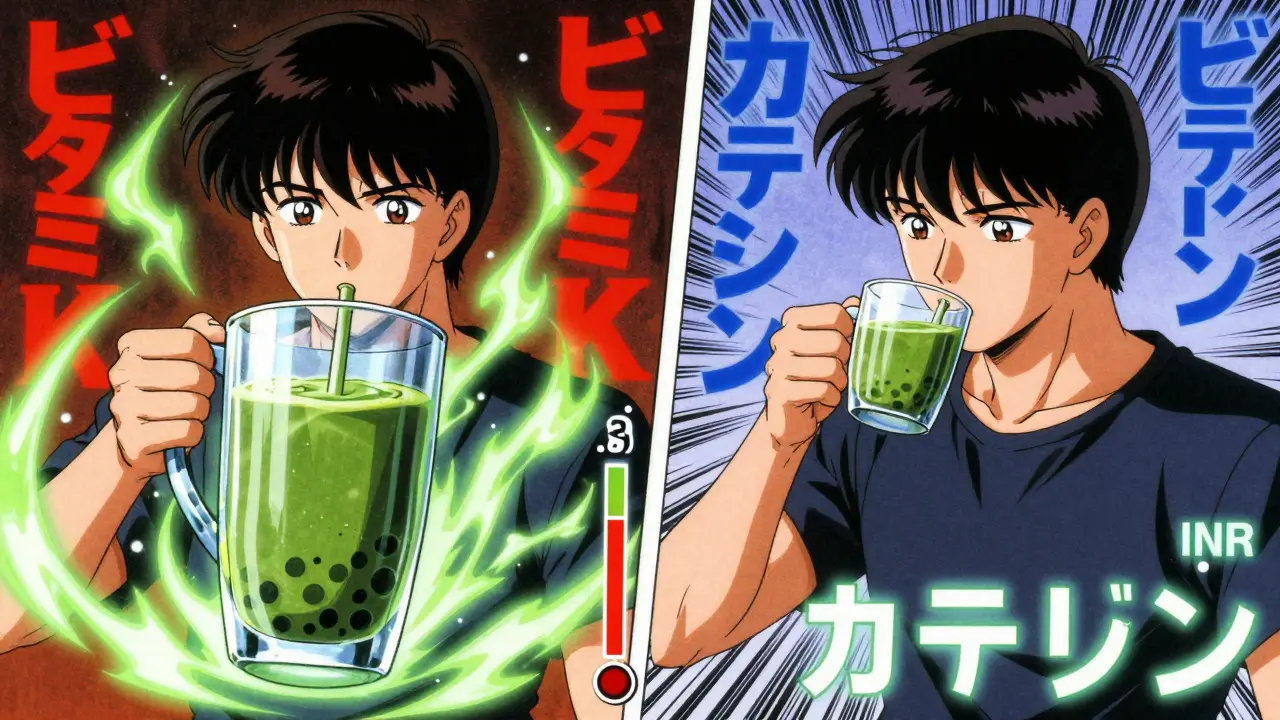 抹茶を大量に飲んだときと普通に飲んだときのINR値の対比をアニメ風に表現。