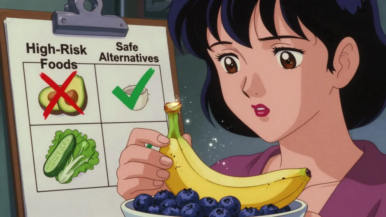 女性がバナナの代わりにブルーベリーを皿に入れている。安全な食品の比較表が横に見える。