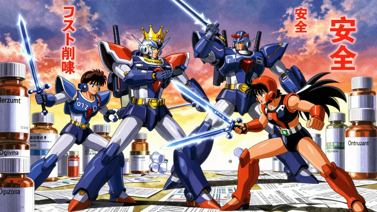 オリジナル薬とバイオシミラーが戦う、メカニカルなアニメ風の象徴的シーン。