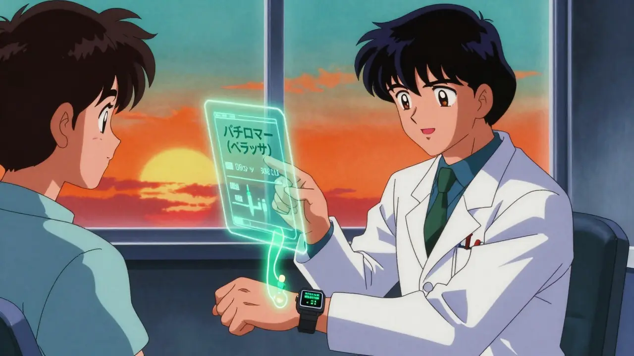 スマートウォッチがカリウム値を表示し、医師が新しい薬の hologram を指し示す臨床シーン。