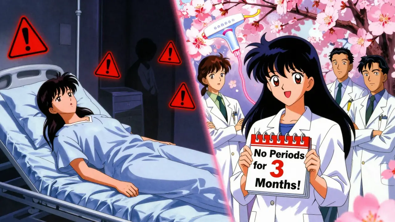 血栓の危険とIUDによる回復の対比を描いた、希望と安心を表すアニメ風シーン