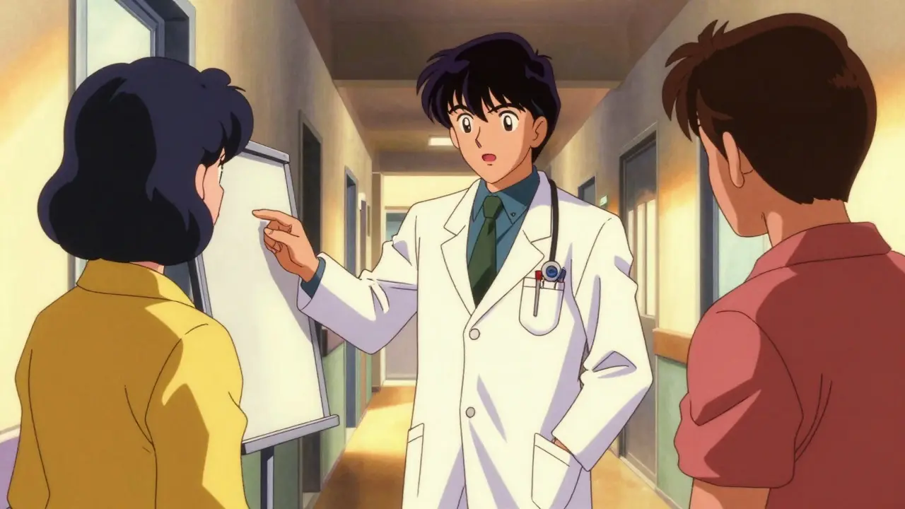 医師が患者に薬の説明をする病院の廊下