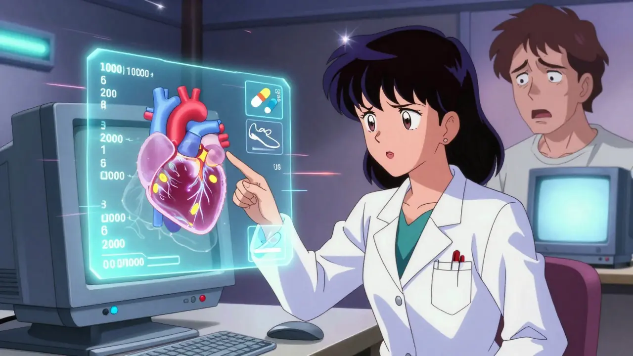 医師が心臓のカルシウムスコアの hologram を説明し、患者が決意する瞬間