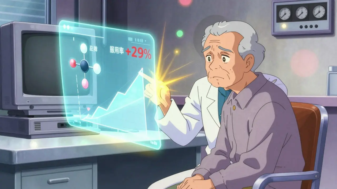 医師がARでジェネリック薬の分子構造を説明し、高齢患者が安心するシーンのアニメ風描写。
