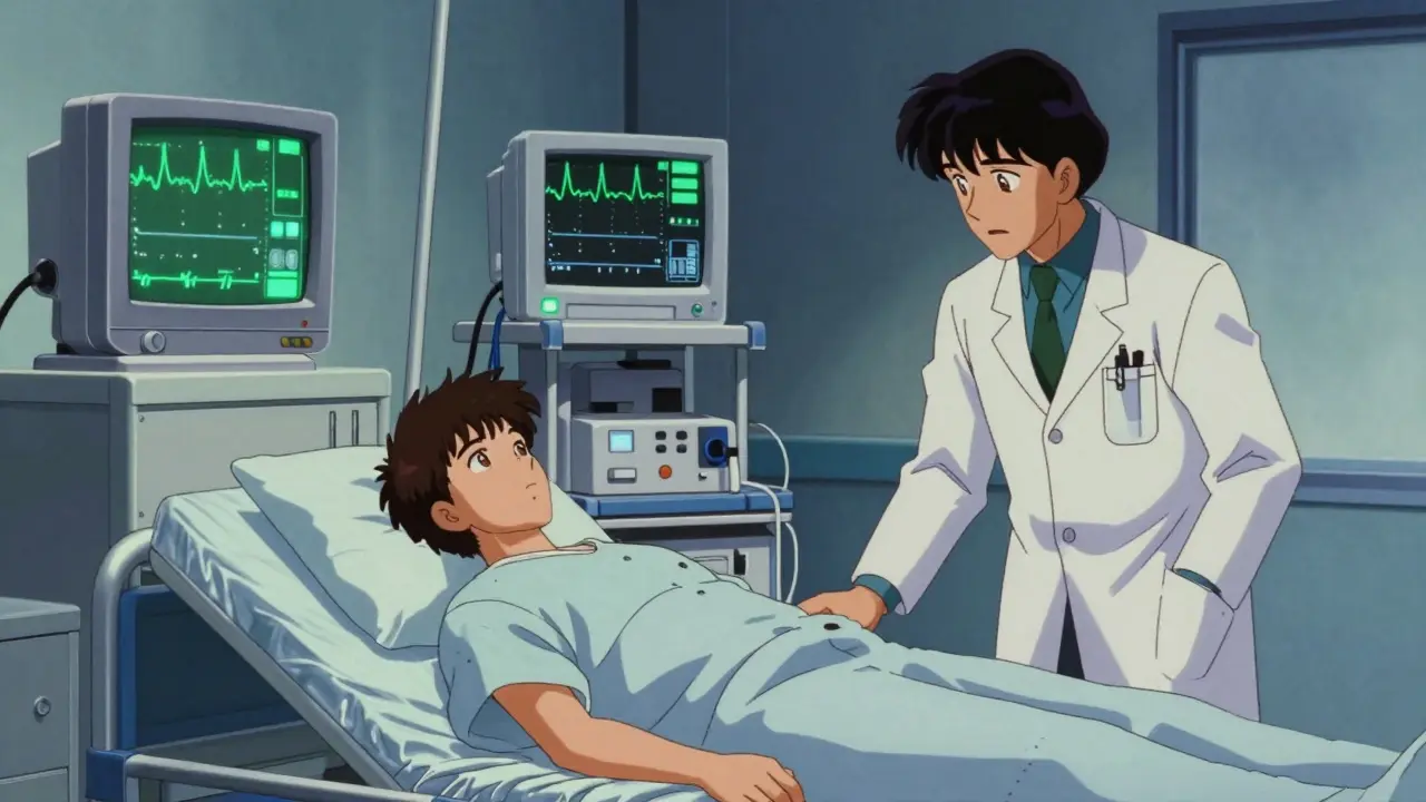 病院のベッドで医師の監視下で安静にする患者の80年代アニメ風シーン