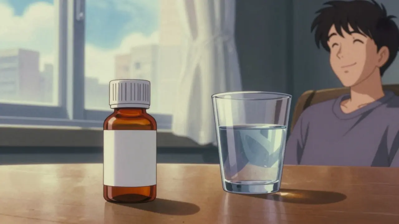 窓辺に置かれた薬のボトルとコップの静物画