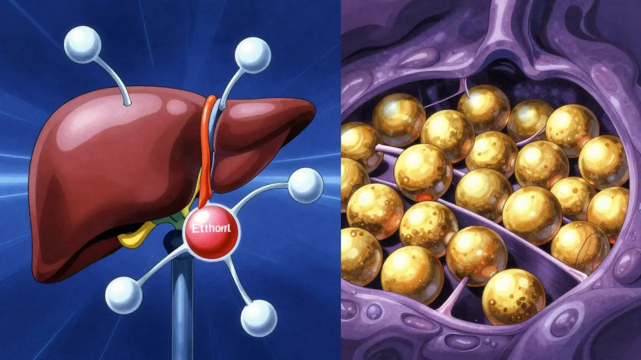肝臓でアルコールが糖新生をブロックする様子を描いた80年代アニメ風の概念図