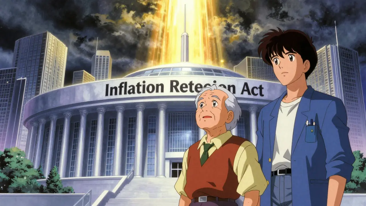 インフレ削減法による救済を象徴する希望ある光景のアニメ風イラスト