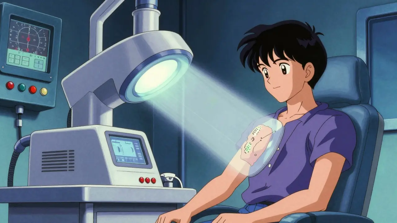 クリニックで光線療法を受ける様子を描いた80年代アニメ風のシーン