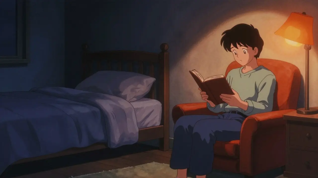 眠れない時にベッドを出て読書でリラックスする様子を描いた80年代アニメ風イラスト