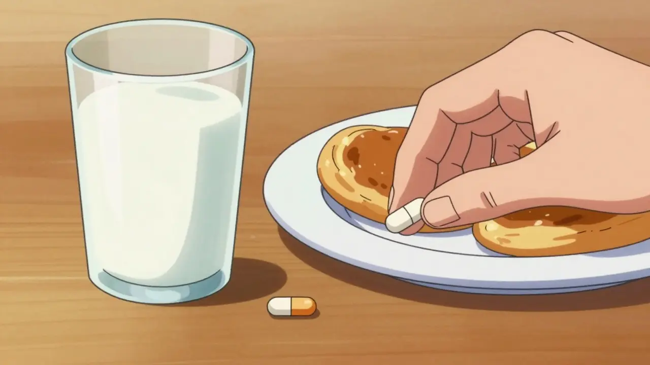 牛乳と食事と一緒に薬を服用するシーンの80年代アニメ風描写