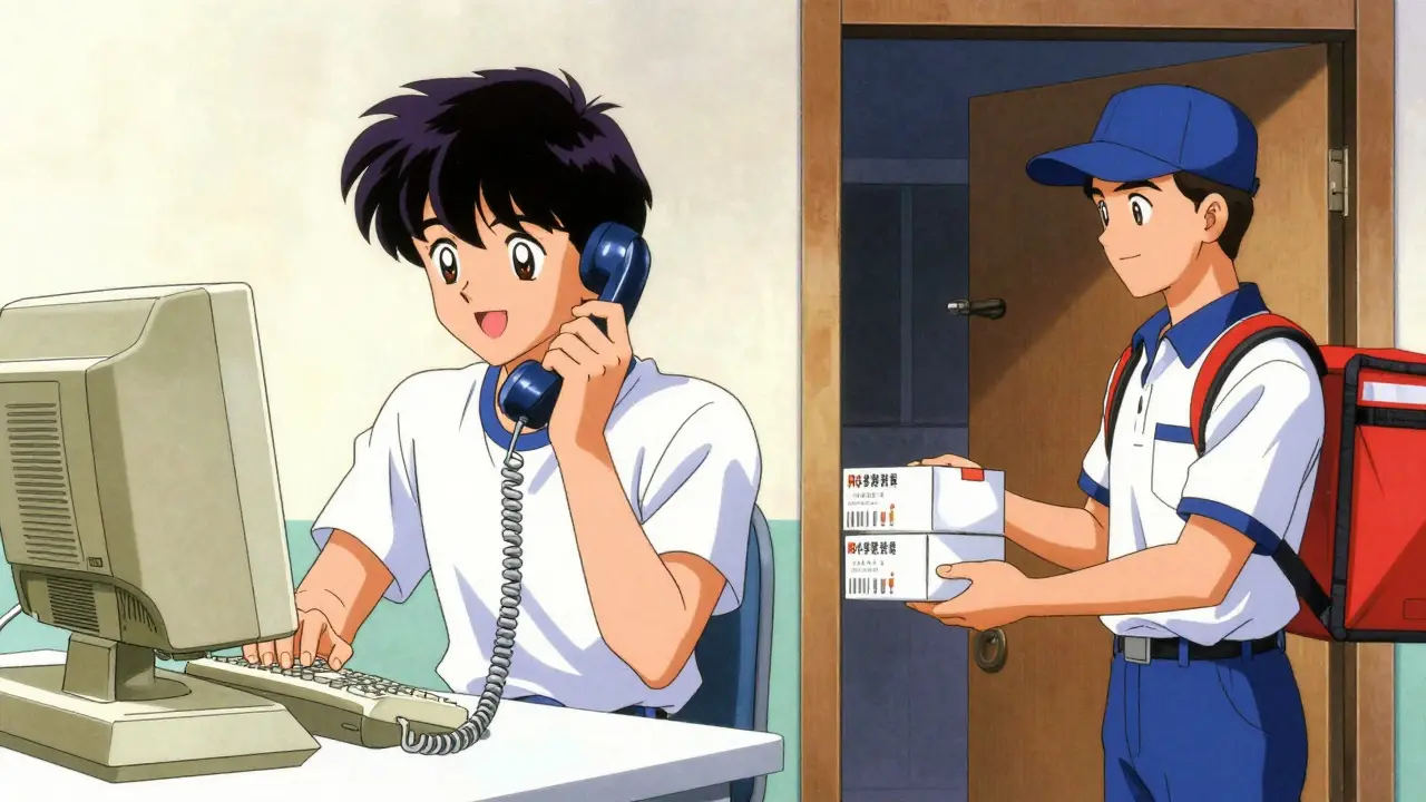 オンライン診療と薬の配送シーンを描いた80年代アニメ風イラスト