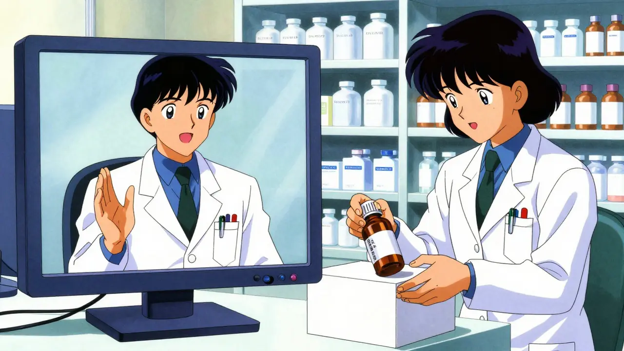 オンライン診療を受ける医師と薬を調剤する薬剤師の対比図