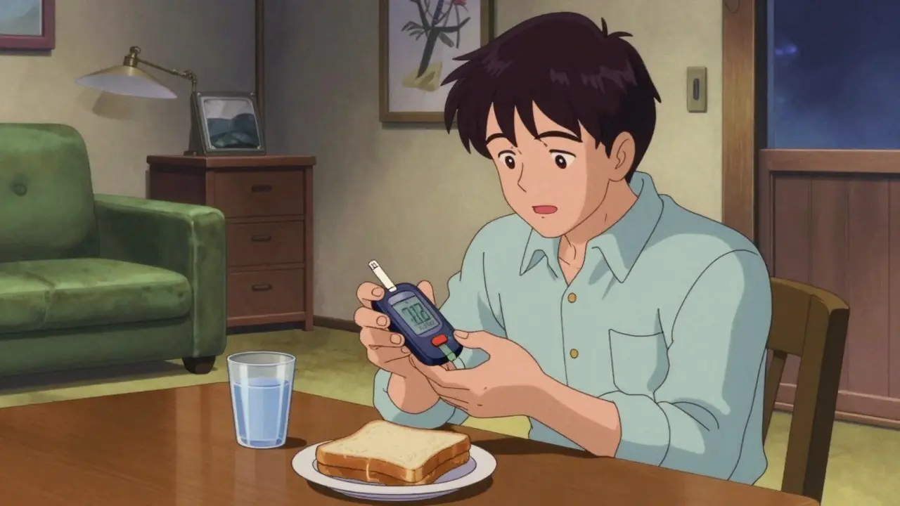 寝る前に血糖値を測定し、軽食を準備する男性の80年代アニメ風シーン
