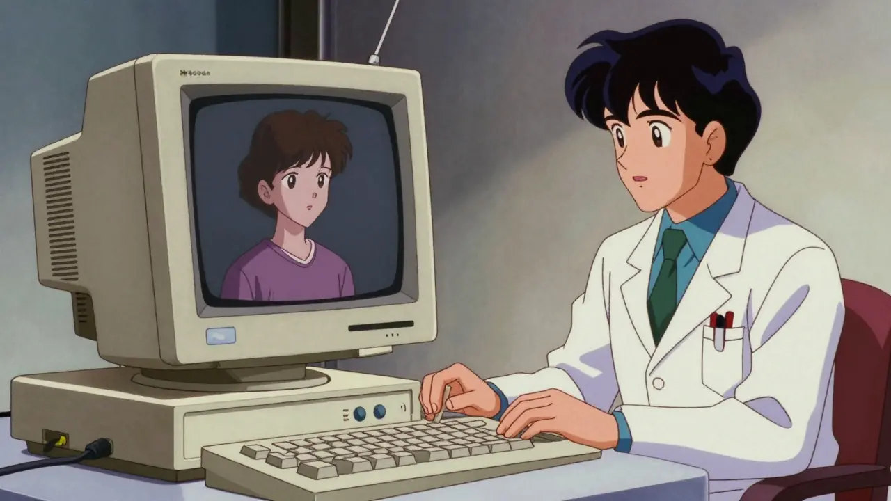 レトロなコンピューターでオンライン診療を受ける様子を描いたアニメーション