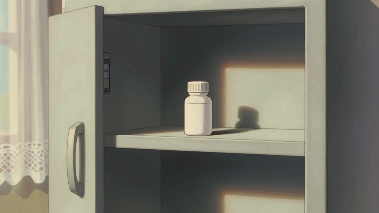 室内に安全に保管された薬のボトルの80年代アニメ風イラスト