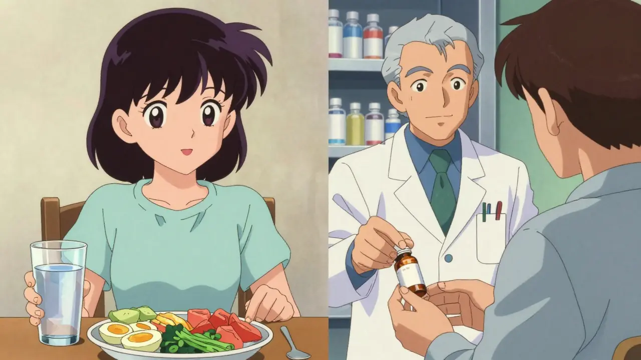 適切な投薬と健康的な生活習慣を組み合わせた治療を提案する80年代アニメ風のシーン