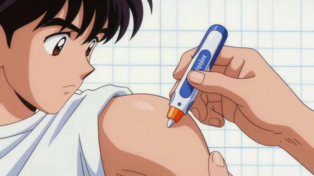 太ももの外側にエピペンを正しく的に打つ様子を描いたアニメ風図解