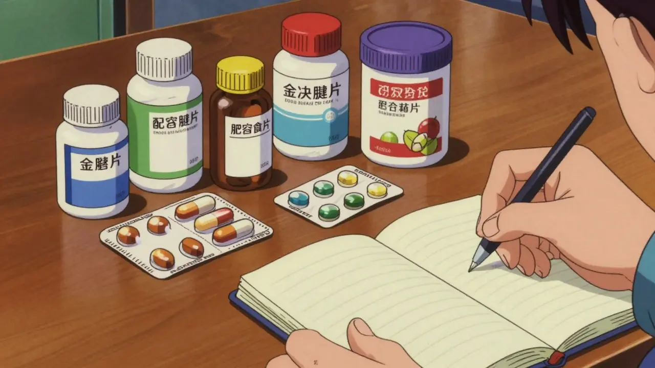 テーブルに並べた薬やサプリメントをノートに書き出す様子を描いた80年代アニメ風の場面