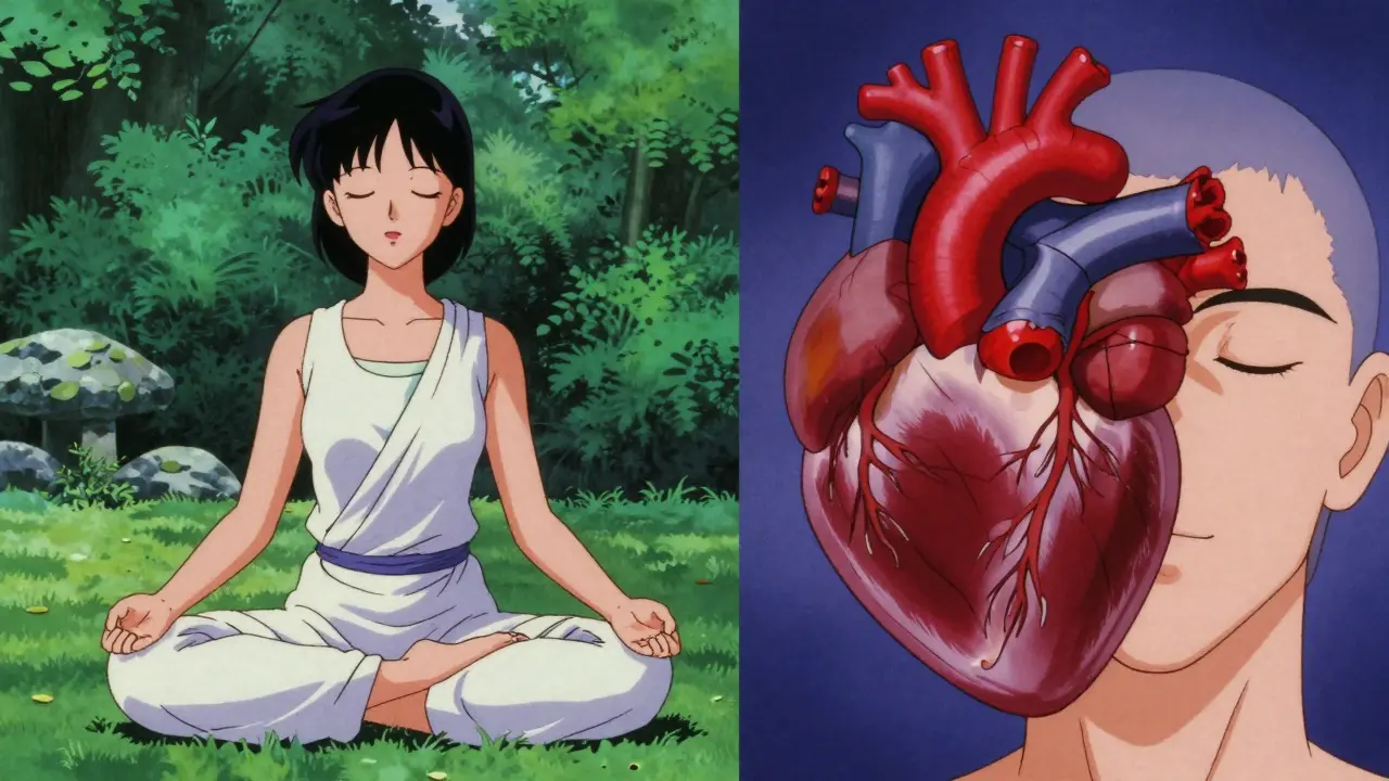 心身の健康とリラックスを象徴する80年代アニメ風のコンセプトアート