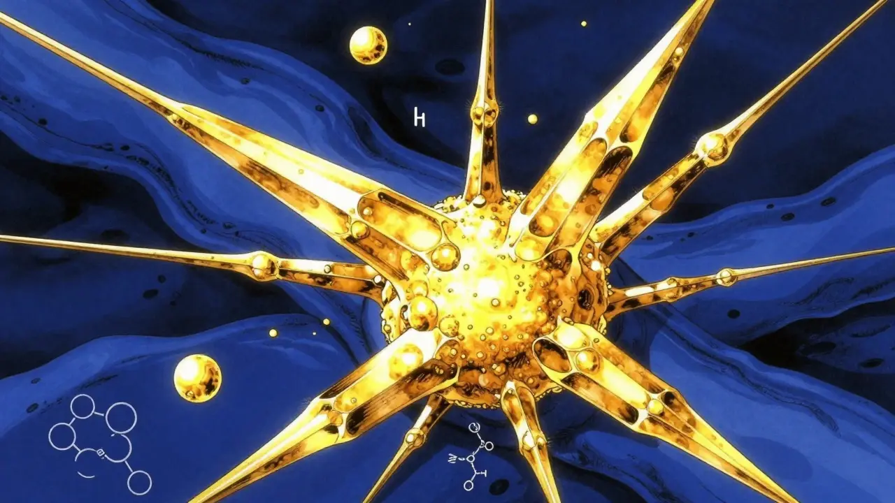 血液中に蓄積する鋭い尿酸結晶を概念化した80年代アニメ風の図解