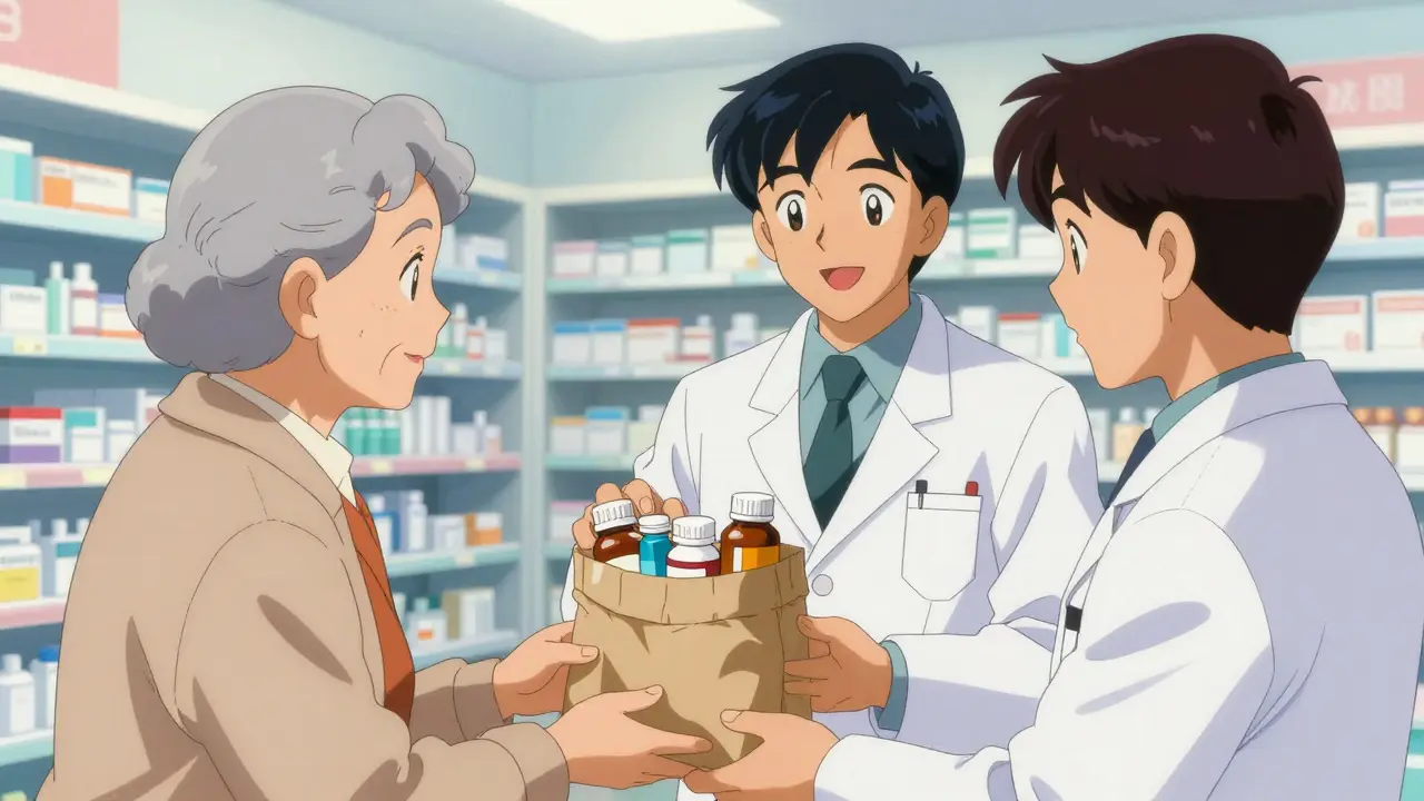 薬剤師に薬をまとめて相談する高齢者の様子